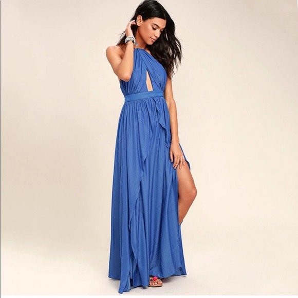 Lulus Dresses & Skirts - Lulus On My Own Blue Keyhole Halter Maxi Dress Sz L NWT